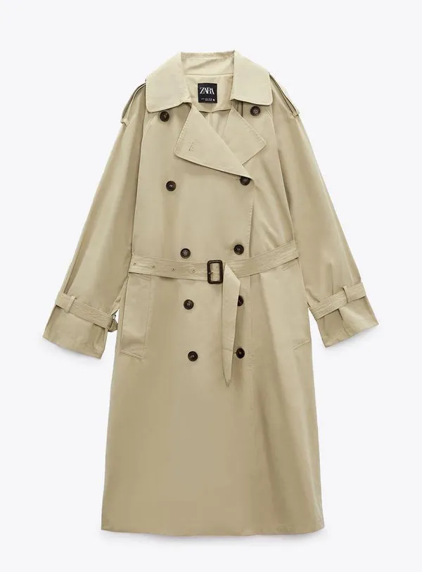Zara coat jacket overcoat trench duster long double breasted beige tan casual - Image 7