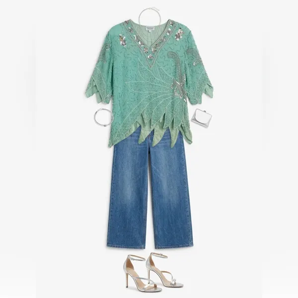 Handmade Vintage 90s Beaded Sequin Seagreen Fairycore Asymmetrical Hem Formal blouse - Image 4