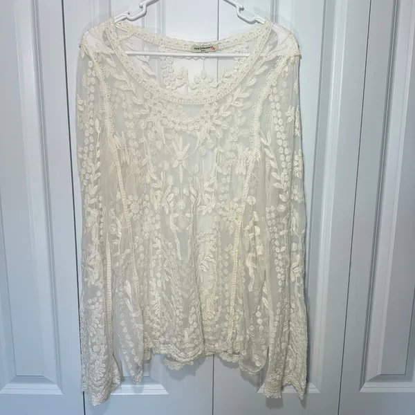 Vivid Collection Ivory Lace Top OS Hippie Romantic Sheer Floral Festival Fairy - Image 2