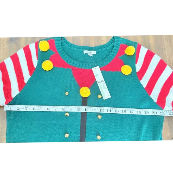 Isela Elf Ugly Christmas Sweater XL NWT 3D Bells Pom Poms Striped Holiday Tunic - Image 9