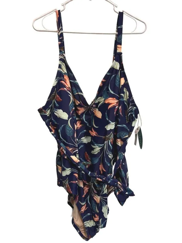 Mynah Lush Leaves One Piece Wrap Plus Size Swimsuit 24W - Image 2