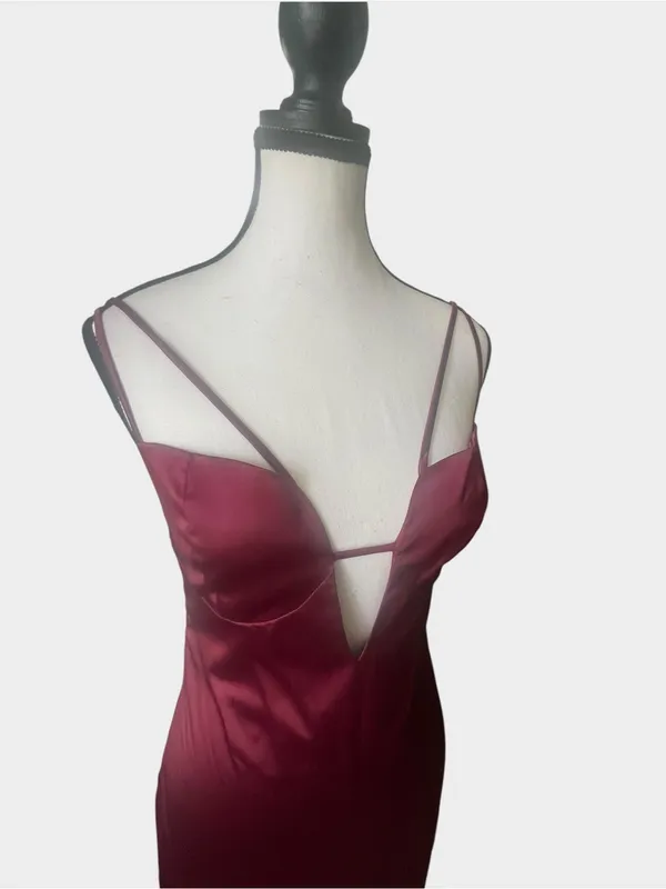 Miss Circle Burgundy Wine Satin Plunge Cutout Bodycon Midi Dress Small - Image 4