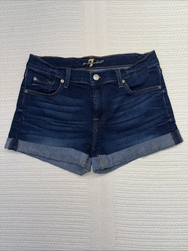 7 For All Mankind Dark Blue Rolled-Hem Denim Shorts - Image 2