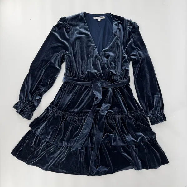 Baltic Born Navy Blue Velvet Faux Wrap Tiered Mini Dress Long Sleeve Size M - Image 5