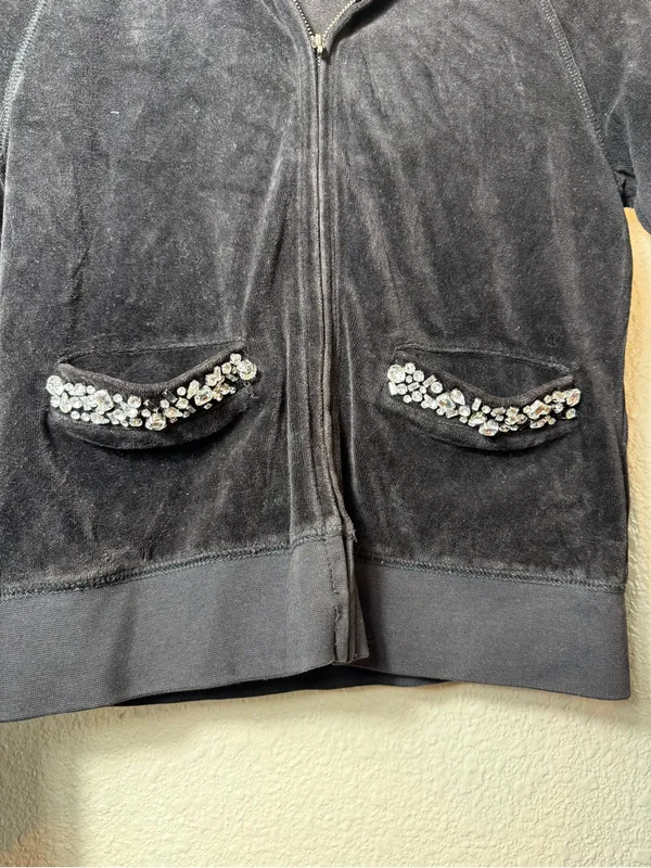 Juicy Couture Y2k black‎ Velour Zip Hoodie Rhinestone Pocket Trim Size S - Image 3