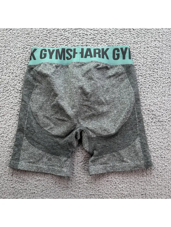 Gymshark Womens Small Gray Marl Seamless High Rise Biker Shorts Teal Waistband - Image 2