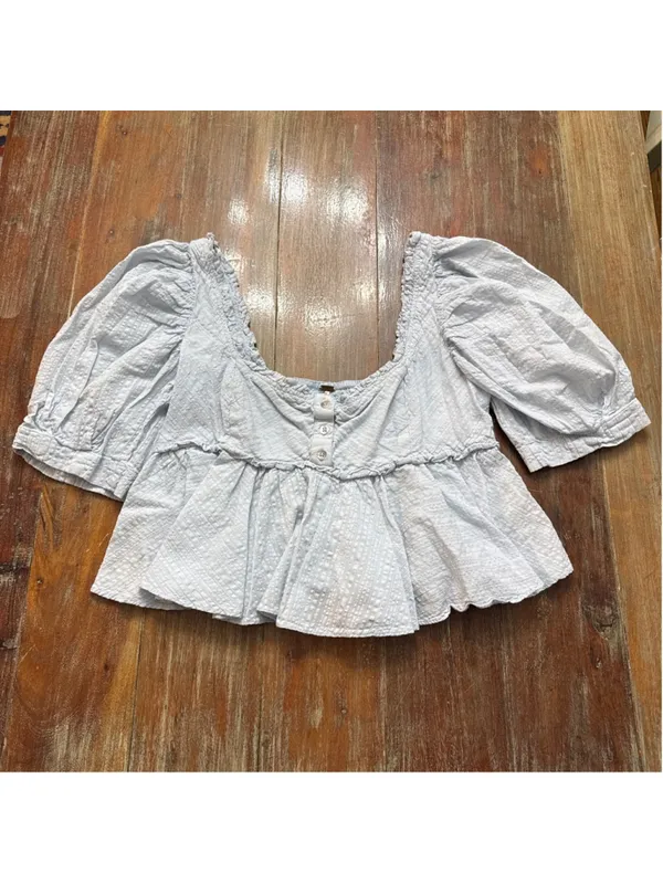 Free People Baby Blue Seersucker Puff Sleeve Babydoll Top Smocked Back S - Image 2