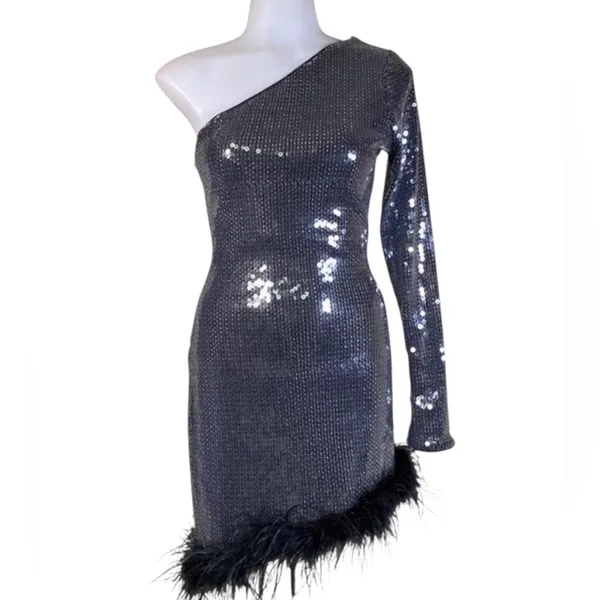 NWT Superdown Revolve Cecelia One Shoulder Sequin Feathers Mini Dress Formal - Image 6