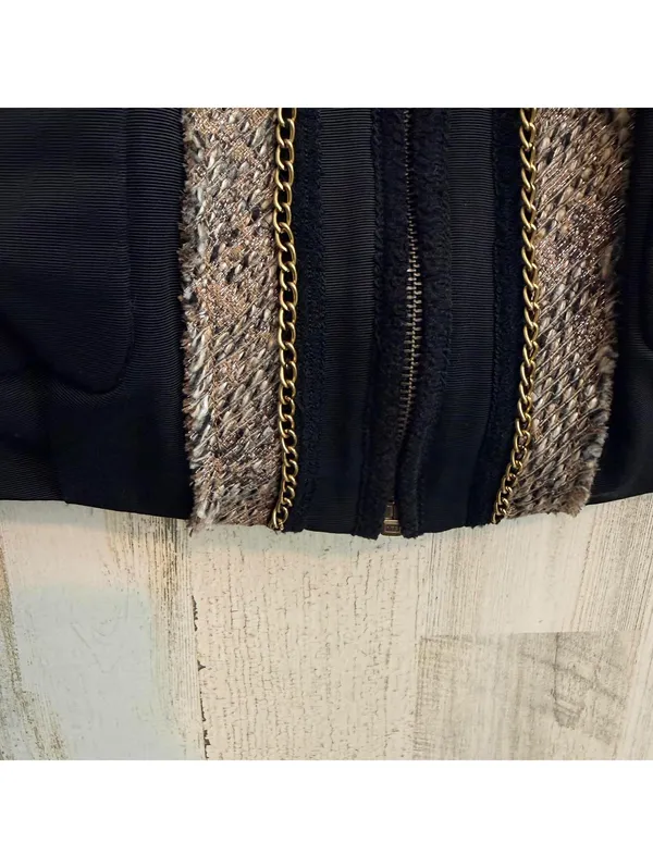 BCBG Max Azria Women’s XS Tweed Trim Jacket Top Black Gold Chain Zip - Image 4