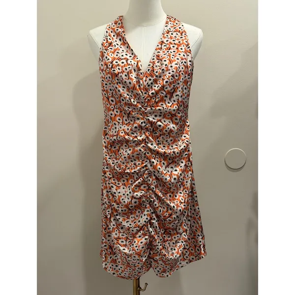Hutch Campbell Mini Dress Orange White Daisy Floral Ruched Satin Halter L NEW - Image 2