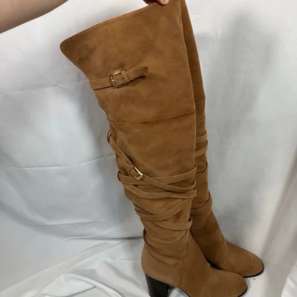 Sam Edelman Tan Suede OTK Boots 7 Leather‎ Heel Wrap Strap Tall Zip Buckle - Image 4