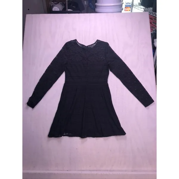 Guess Lace Skater Dress‎ Women 10 Black Long Sleeve Floral Fit & Flare - Image 5