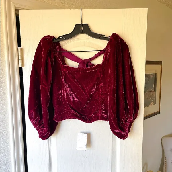 Free People Marie Velvet Open Back Crop Top‎ Balloon Sleeves Red Small NWT - Image 3