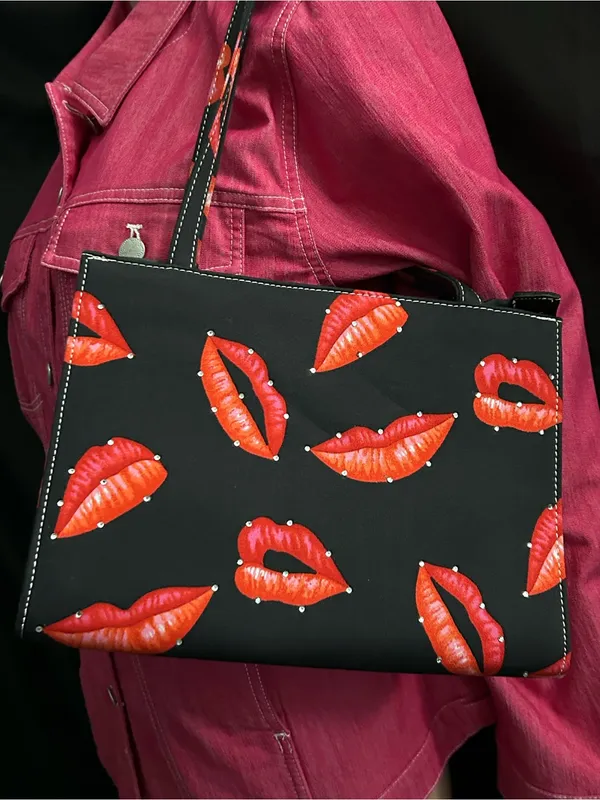 Black Molded Tote Shoulder Hand Bag with Red Lip & Rhinestone Print - Image 2