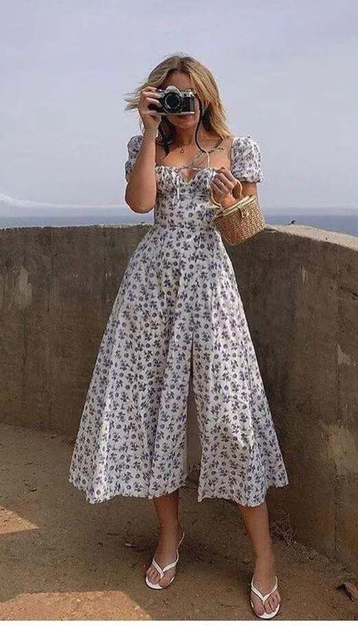 NEW Puff Sleeve High Split Maxi Dress Floral M - Image 2