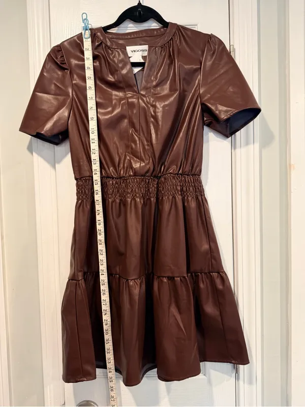 NWT Vigoss Size S Brown Faux Leather Mini Dress Puff Sleeve Smocked Waist V Neck - Image 7