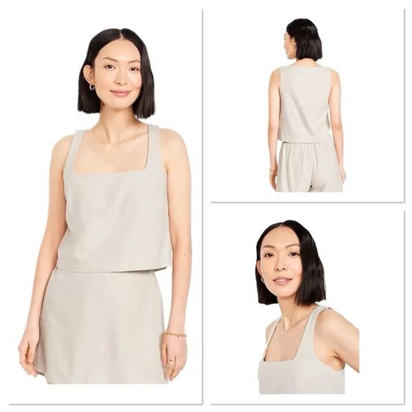Old Navy Cropped Square Neck Linen-Blend Tank Top Small Neutral Tan‎ Minimalist - Image 2