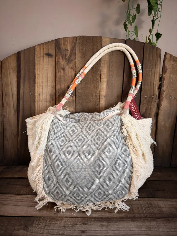 MERONA cloth tote ivory with beads handles India. Exclusive decoration - Image 2