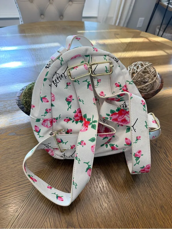 Betsey Johnson Floral Mini Backpack White Pink Roses Bow Purse - Image 11