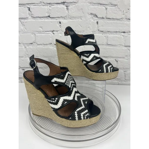 Lucky Brand‎ Black White Chevron Woven Platform Rope Wedge Sandals Sz 7 Peep Toe - Image 2