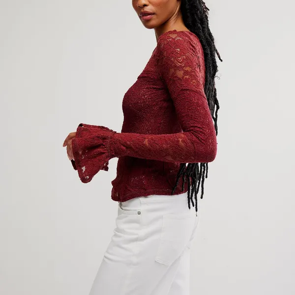 NWT Free People Burgundy Lace Long Sleeve Top M - Image 11