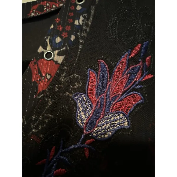 REBA | Black Paisley Print Midi Dress Sheer Sleeves Metallic Detail | Size L - Image 6