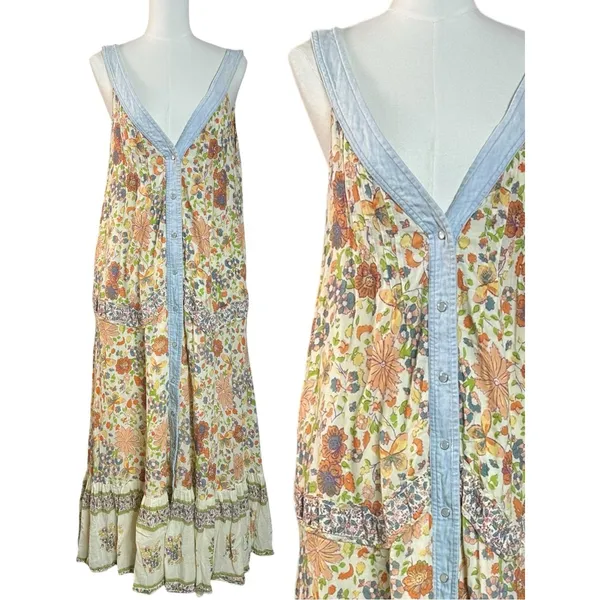 Free People Retro 70s Bohemian Block Print Snap Front Kelso Maxi Dress Large - Image 7