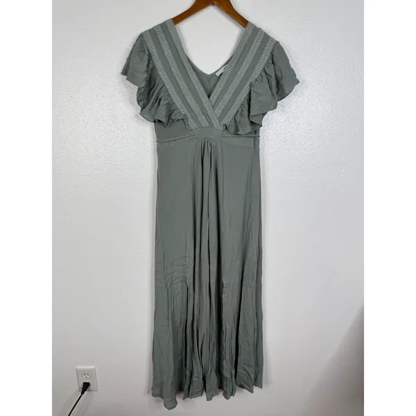 Baltic Born Jennifer Deep V Ruffle Maxi Dress Sage Green Boho Gown XS - Image 3