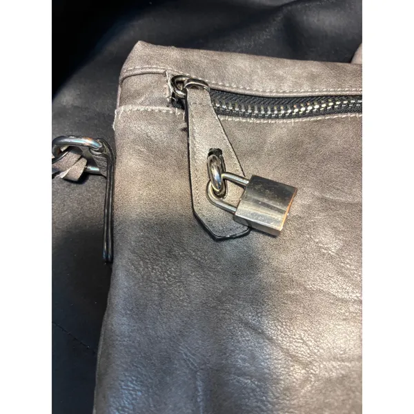 Gray Distressed Vegan Leather Convertible Backpack Shoulder‎ Bag Silver Padlock - Image 4