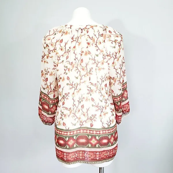 Old Navy Medium White Floral Boho Peasant Top Split Neck Geometric Border Print - Image 3