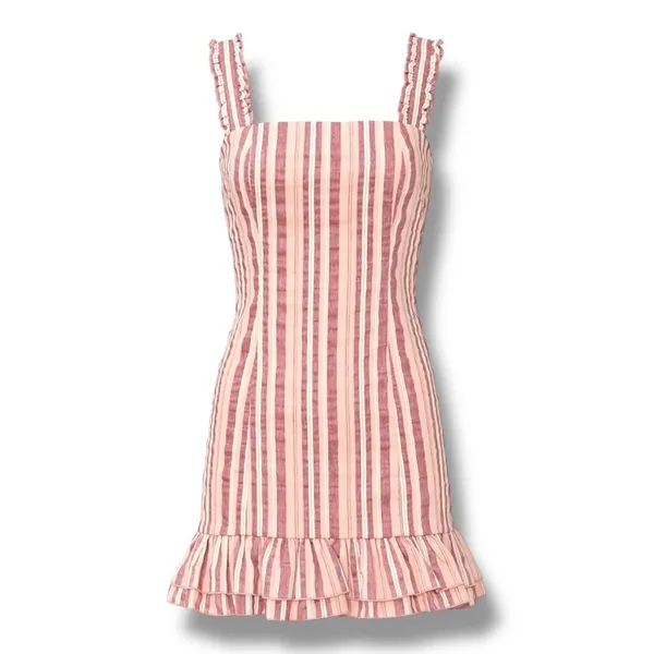 Alexis‎ Brandy Dress Rose Stripe Mini Pink White Ruffle Hem Square Neck Cotton - Image 2
