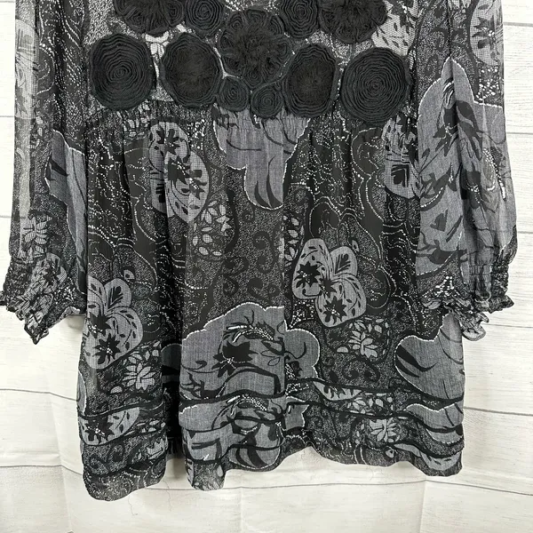 ICE Vintage Women XL Black Sheer 3/4 Sleeve Floral Blouse WhimsyGoth Feminine - Image 5