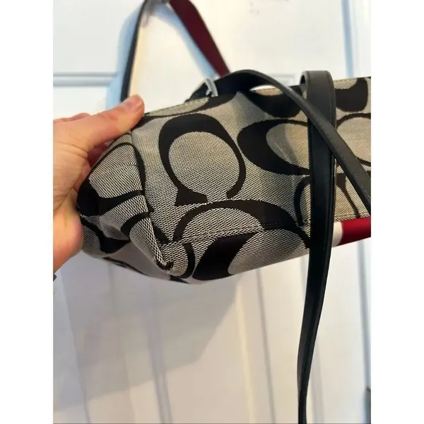 COACH Signature Hampton Stripe Purse Classic Logo Shoulder Bag Black Red White 1 - Image 9