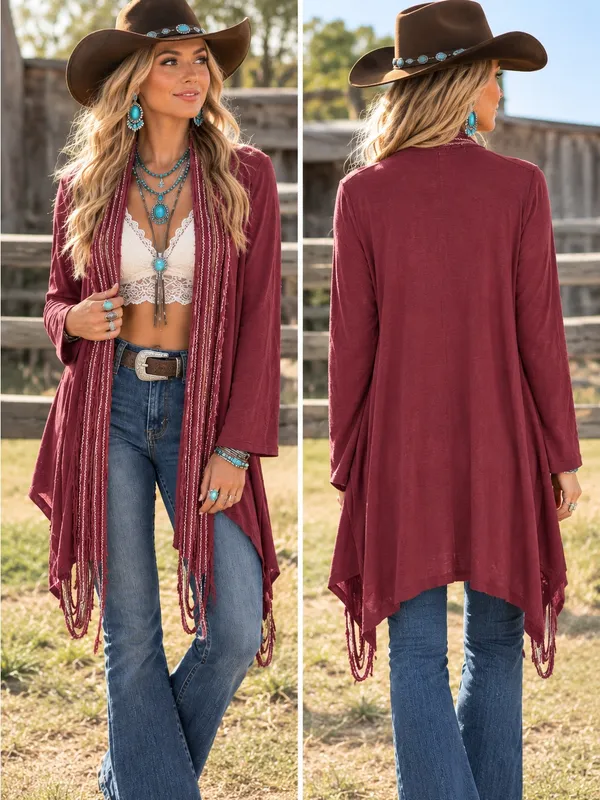 BKE Boutique Buckle Burgundy Fringe Duster Cardigan M - Image 2