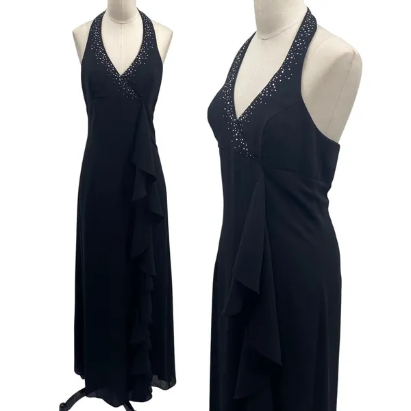 Vintage Y2k Rhinestone Halter Ball Gown V Neck Surplice Ruffle Front Black 4 - Image 3