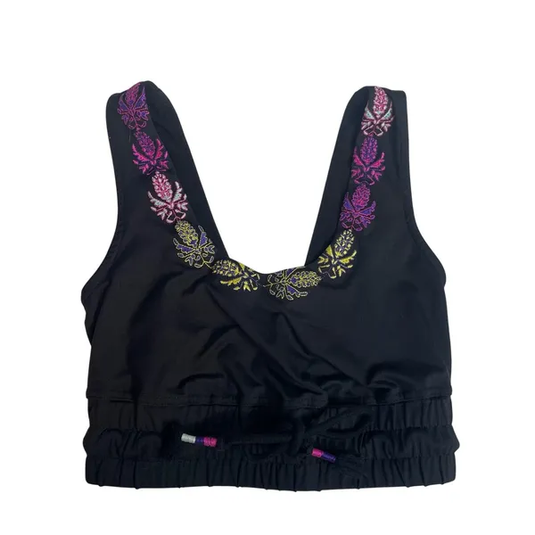 FP Movement Free People Black Floral‎ Embroidered Smocked Crop Top Small - Image 2