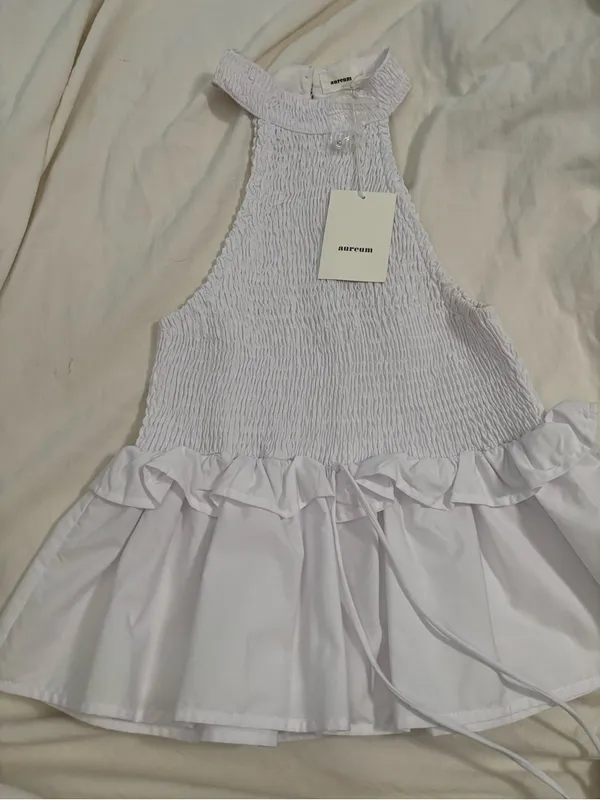 Aureum White Smocked Halter Ruffle Peplum Top Size S NWT 100% Cotton - Image 2