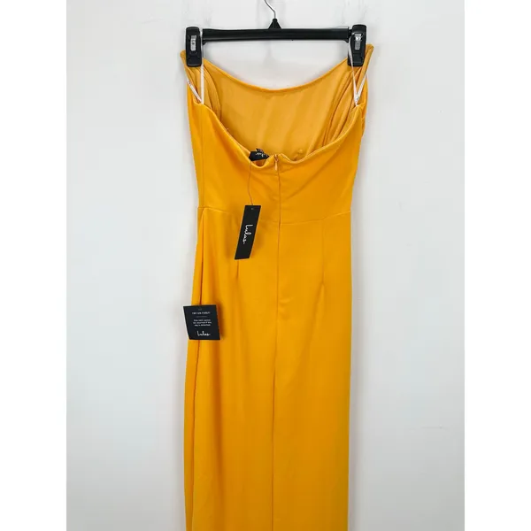 Lulus Malia Golden Yellow Ruched Strapless Maxi Dress Formal Evening Small NWT - Image 11
