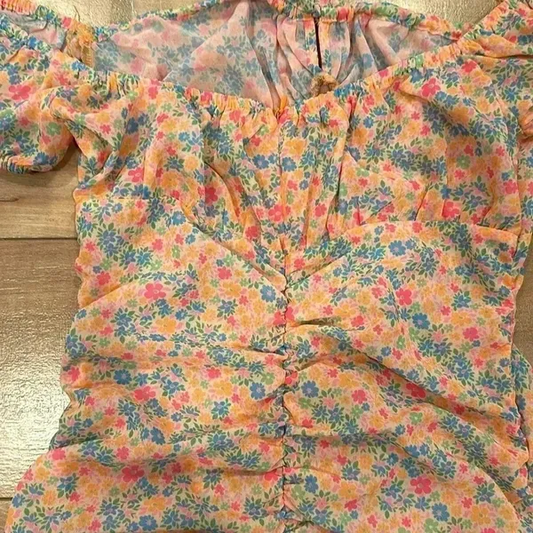 Tiger Mist Orange Floral Back Ruched Mini Dress Sz S - Image 5