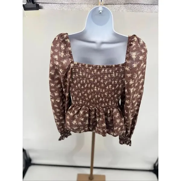 Dizzy Lizzy Smocked Peplum Floral Blouse XS Brown Boho Cottagecore Puff Sleeve - Image 6