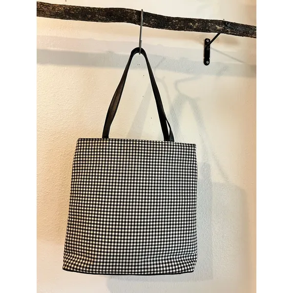 Black & White 100% Cotton Double Strap Gingham Checkered Medium Tote Bag - Image 14