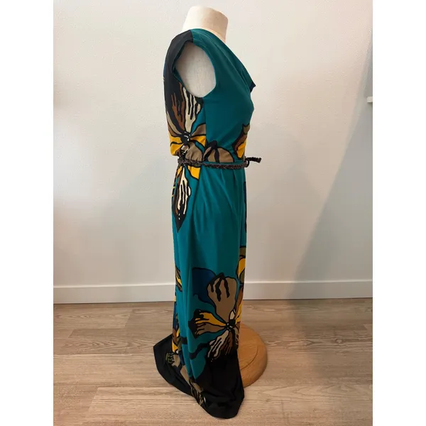 Danny & Nicole Teal Floral Cowl Neck Maxi Dress Sleeveless Belted XS - Image 4
