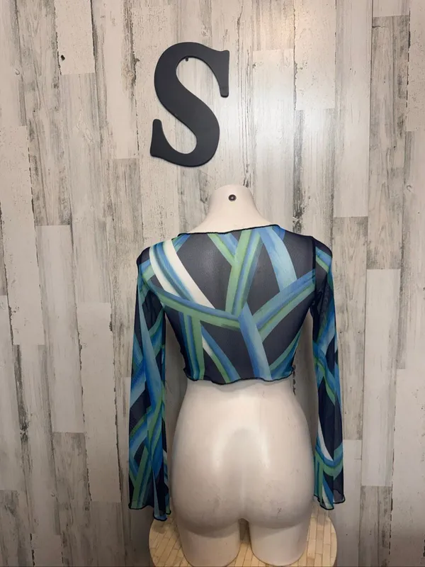 SheIn Abstract Print Mesh O-Ring Tie Front Crop Top Womens Small Blue Green Long Sleev - Image 4