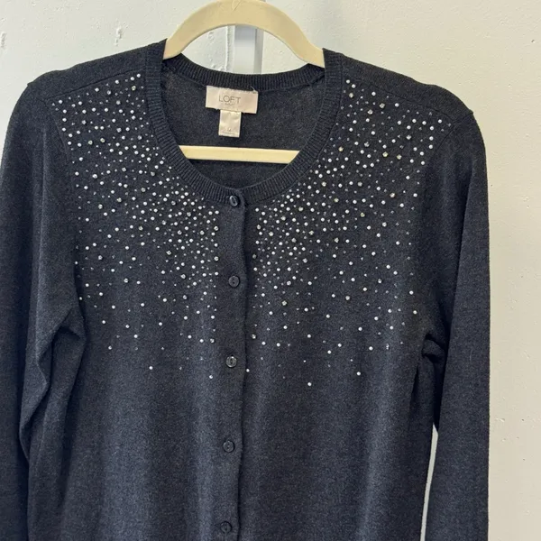 Loft Outlet Gray Rhinestone Embellished Cotton Cardigan Sweater Medium Holiday - Image 3