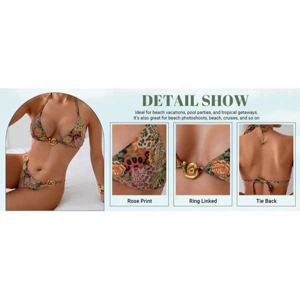 Boutique LARGE 2 Piece Swimsuit Leopard Floral Bikini Gold Ring Halter Bathing Suit - Image 5