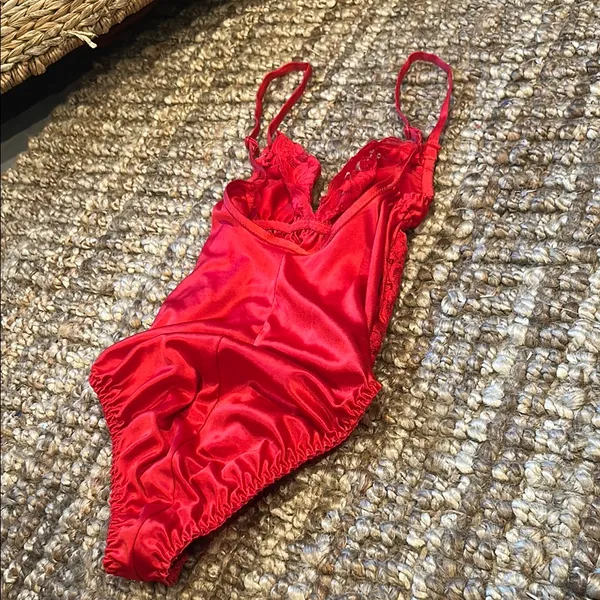 Vintage Dolores For Poirette Red Satin Lace Lingerie Bodysuit Size 34 - Image 7