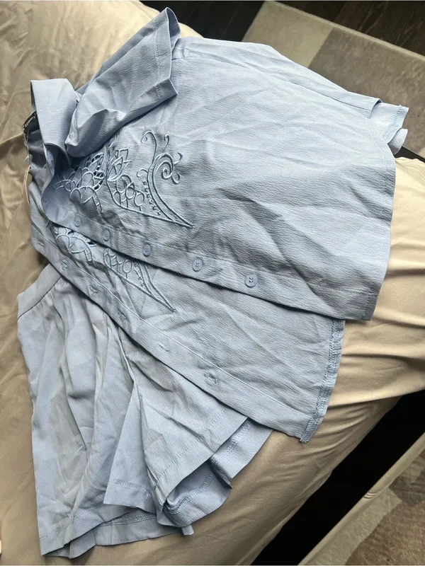 Light Blue Embroidered Short-Sleeve Shirt Set - Image 5