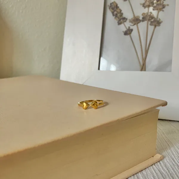 Two Hearts Gold Bow Petite Ring “Angel” Classic Girly Femme Band Stacking Neutral Jewelry - Image 5