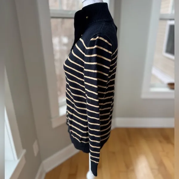 Lauren Ralph Lauren Black Gold Striped Mockneck Cotton Sweater Metallic Medium - Image 2