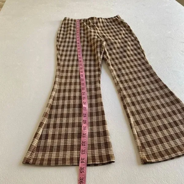 Stitch & Pine Brown Plaid Flare Pants Women’s Small Retro Stretch - Image 4
